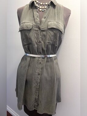 silence + noise Sleeveless Button up Shirt Aline Midi Dress Washed Olive Green